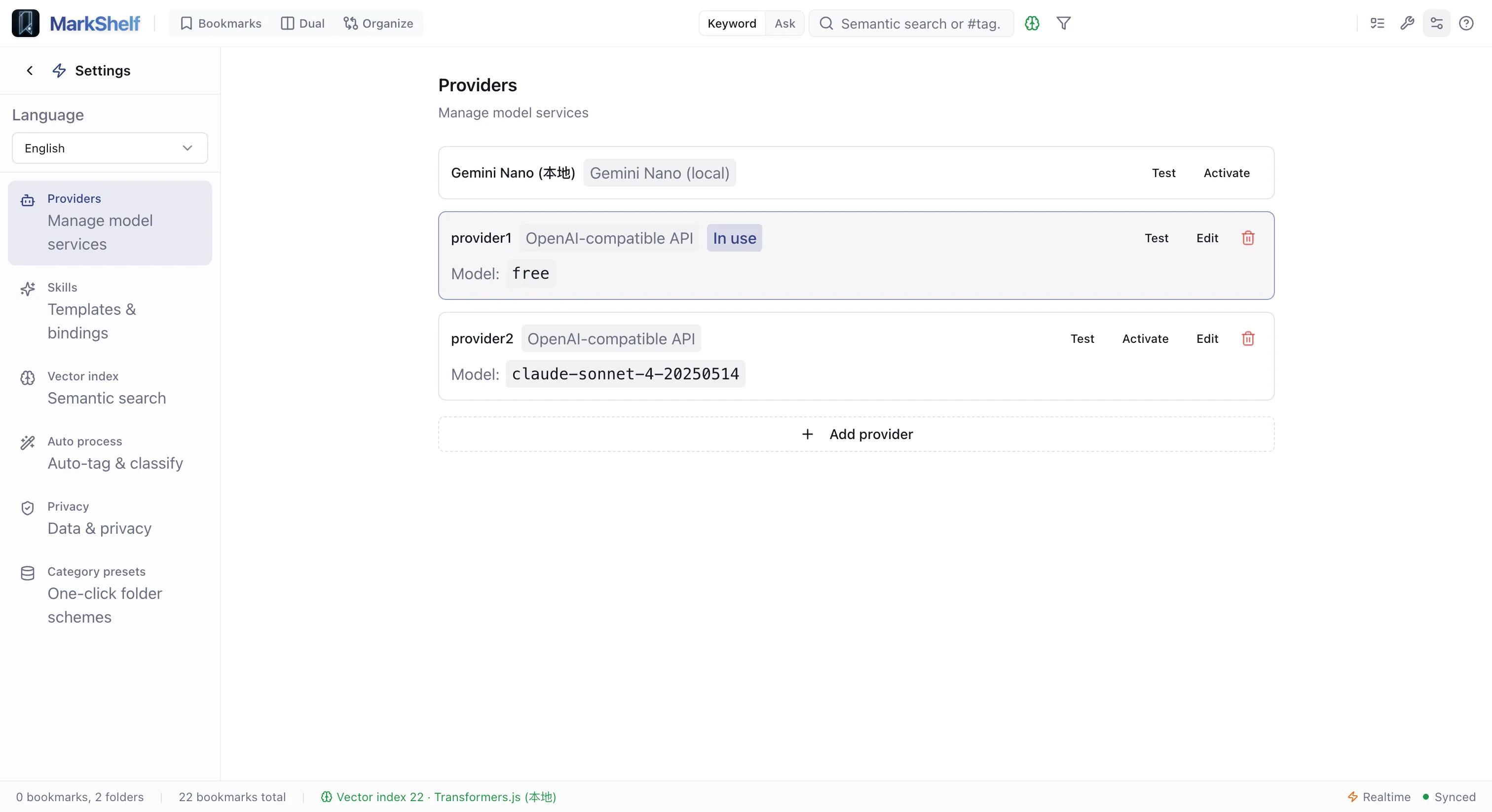 Settings — Configure your AI provider